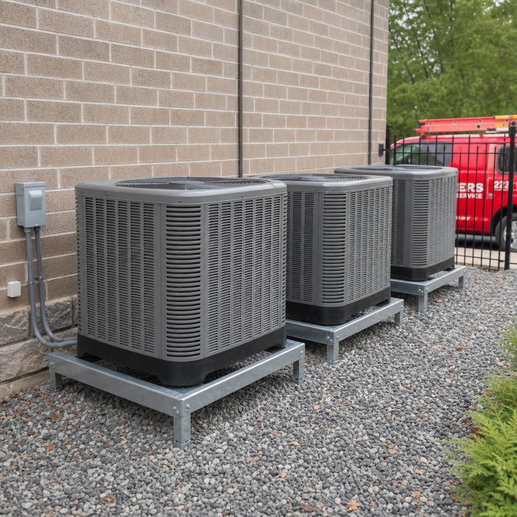 Multi-unit HVAC condensers installed by Lightning Service Inc on custom elevated pads