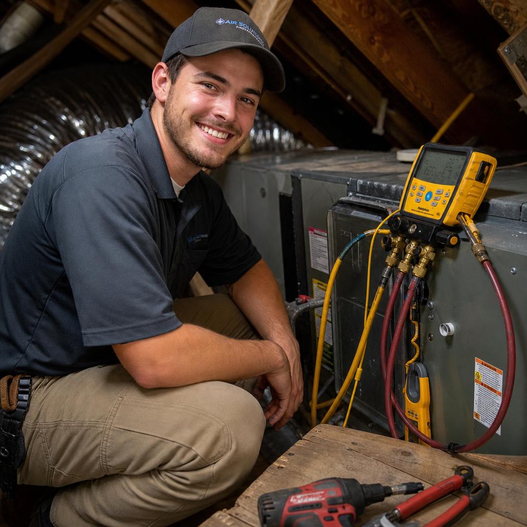 Lightning Service technician servicing an air handler in a New Orleans attic