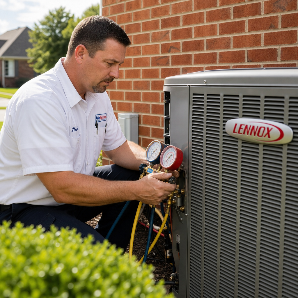 Lightning AC technician checking refrigerant on a Lennox unit in Metairie