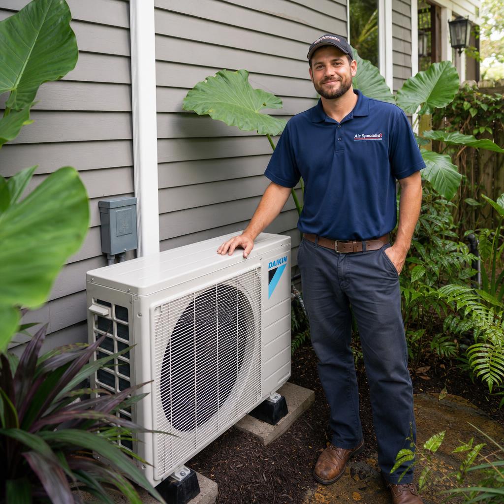 Technician installing a Daikin ductless mini-split system in a New Orleans home